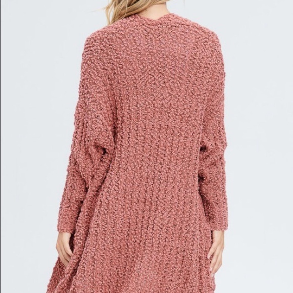 SOLD OUT Soft Mauve Knit Textured Popcorn Long Cardigan Sweater W/ Pockets - Picture 4 of 4
